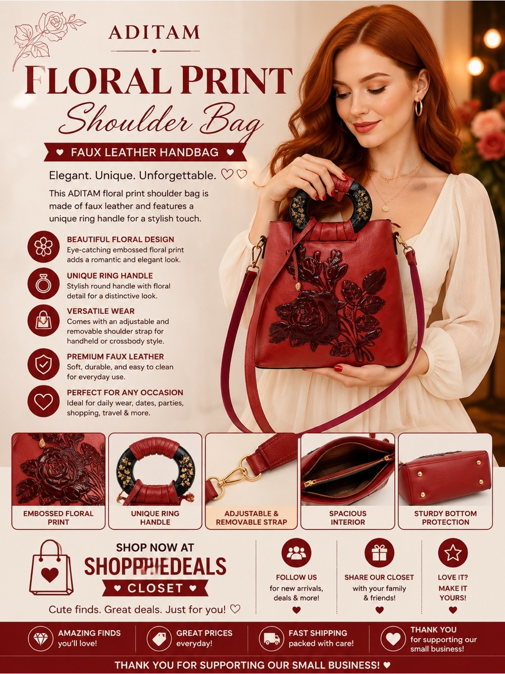ADITAM Floral Print Shoulder Bag Faux Leather Handbag